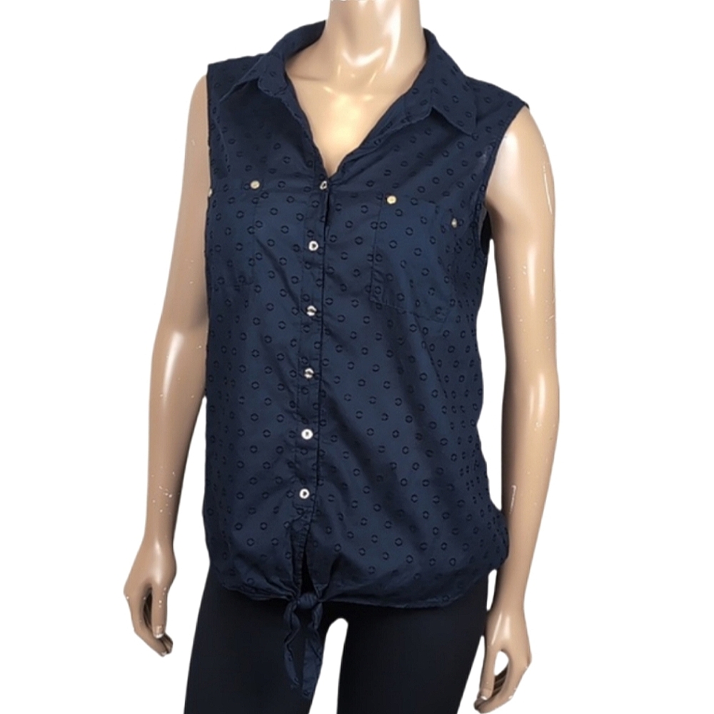 Anne Klein Sleeveless Shirt Womens Large Navy Blue Swiss Dot Tie Hem Top